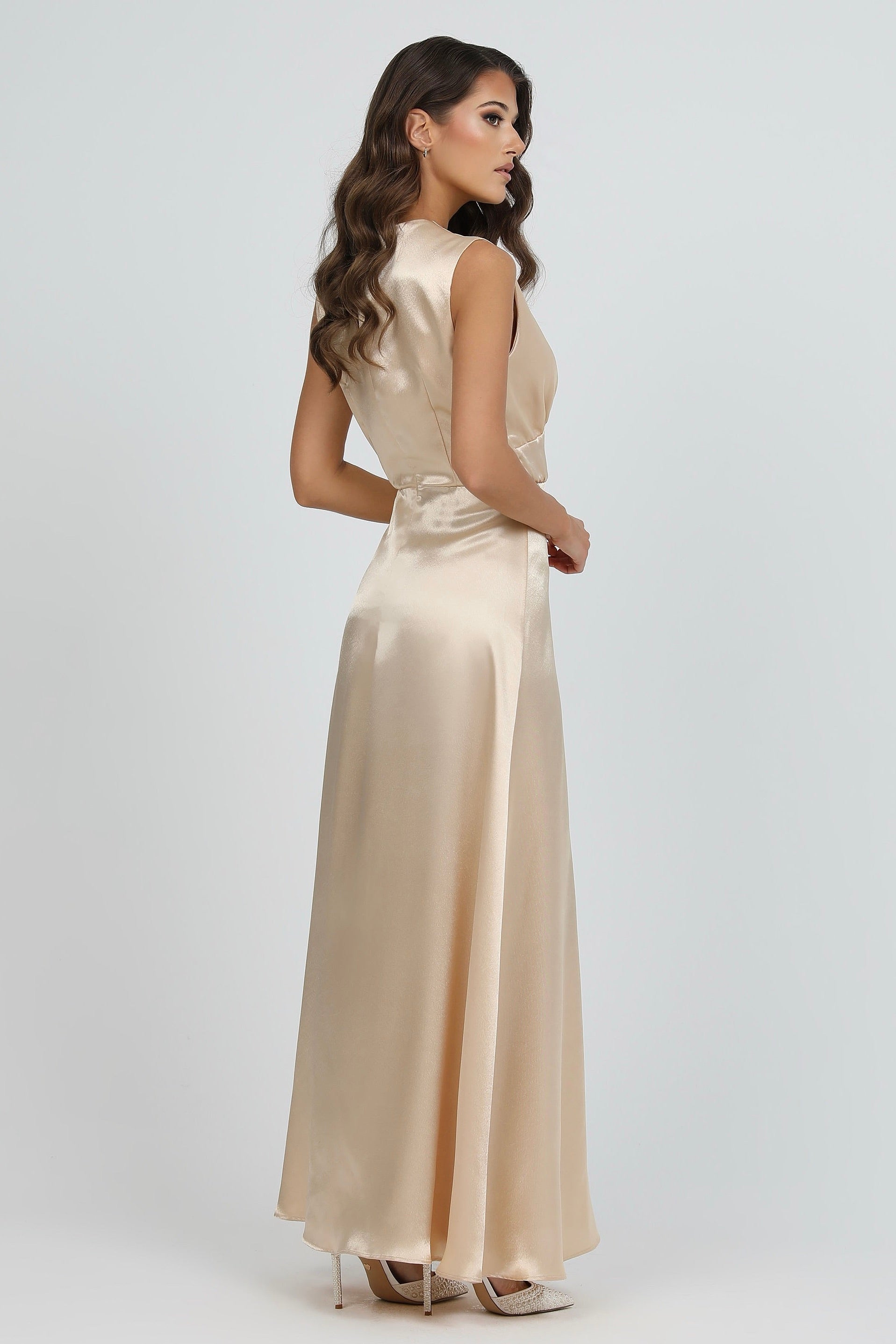 long beige dress Mother of the Bride Dress Satin A-Line Tea Length Cowl Neck Bow Formal Gown with Bow COCOMELODY CM0348, Mauve