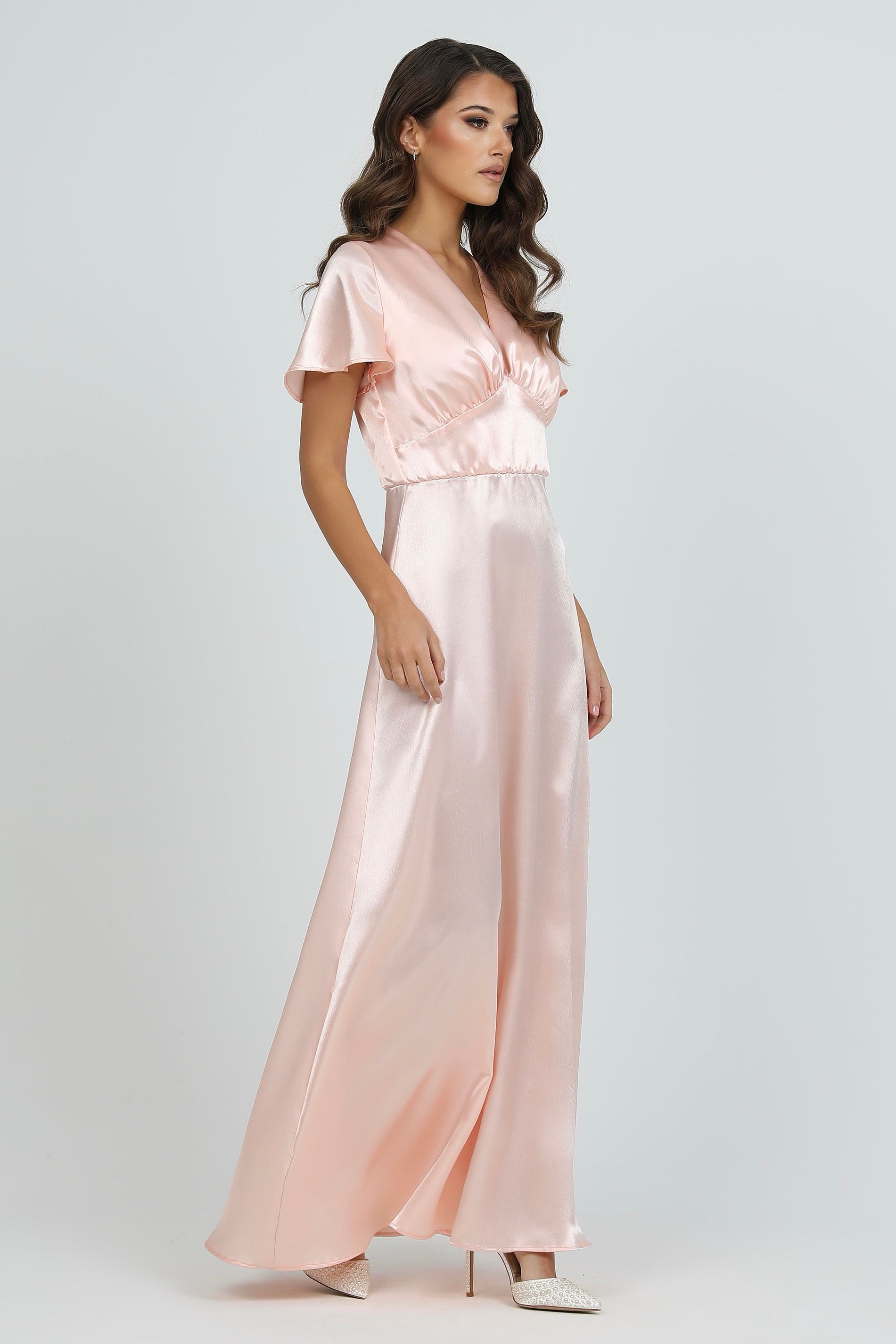 peach silk dress Pink Satin With Flutter Sleeves – Désir Couture ARRIVALS flowing satin with a My Actual Bust is:22
