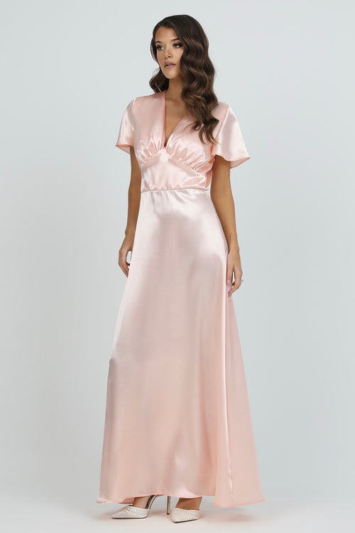 Peach Pink Satin Dress With Flutter Sleeves Dsir Couture Peach Pink Satin Dress With Flutter Sleeves Dsir Couture