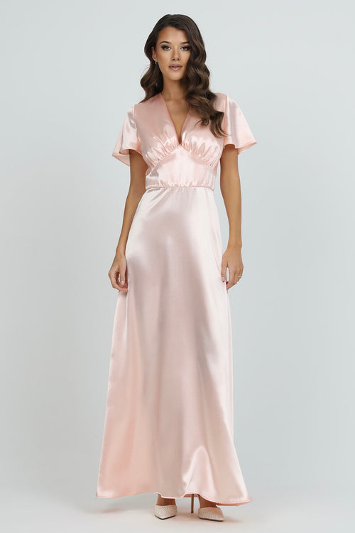 Peach Pink Satin Dress With Flutter Sleeves Dsir Couture Peach Pink Satin Dress With Flutter Sleeves Dsir Couture