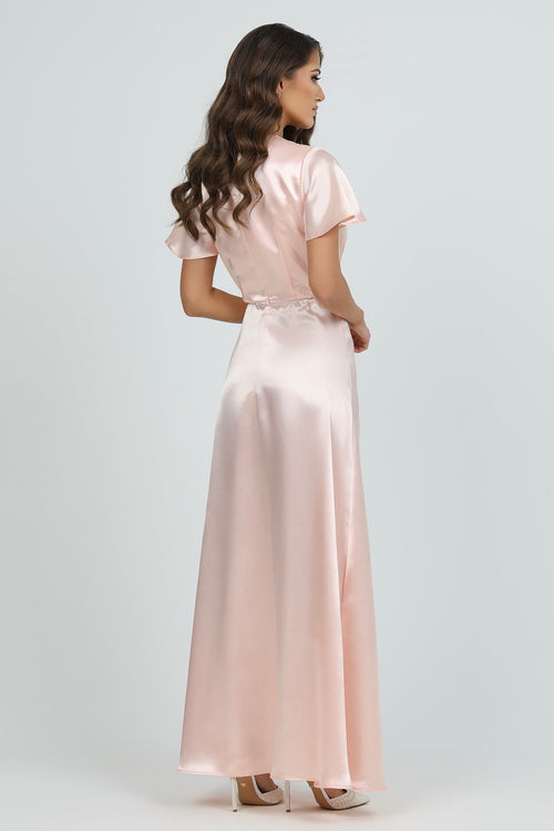 Peach Pink Satin Dress With Flutter Sleeves Dsir Couture Peach Pink Satin Dress With Flutter Sleeves Dsir Couture