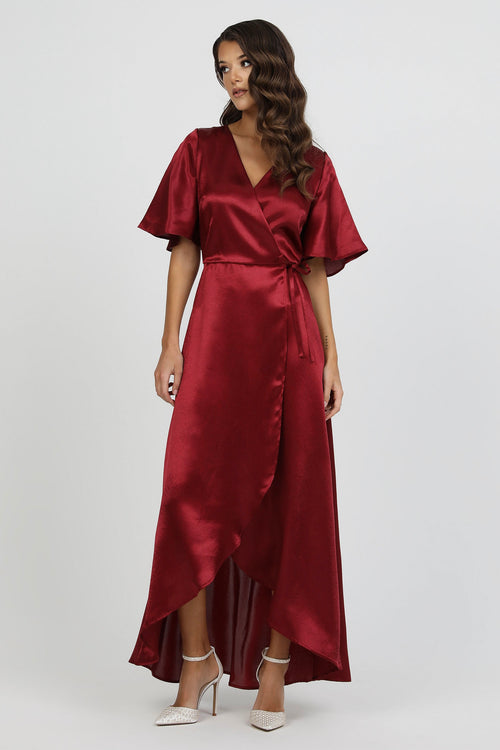 Burgundy Wrap Satin Dress With Flutter Sleeves Dsir Couture Burgundy Wrap Satin Dress With Flutter Sleeves Dsir Couture