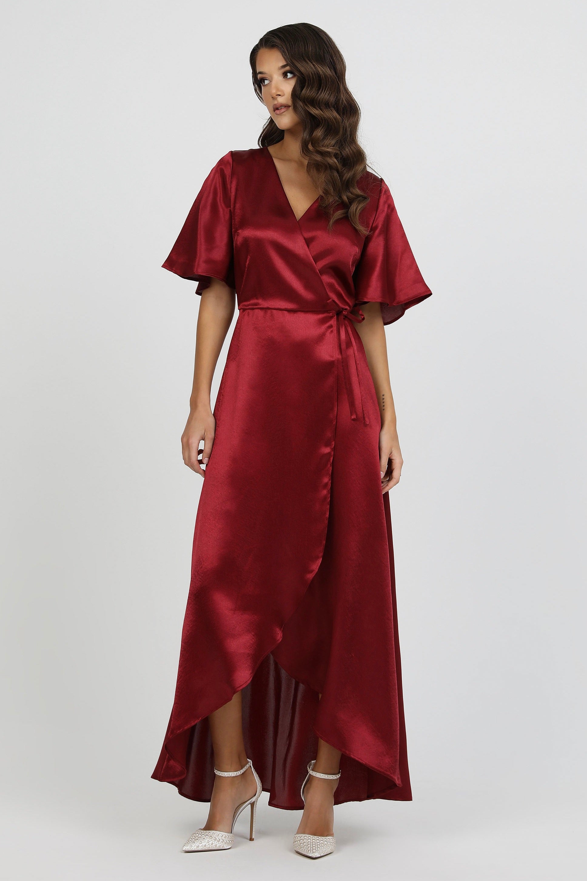 Burgundy Wrap Satin Dress With Flutter Sleeves – Désir Couture