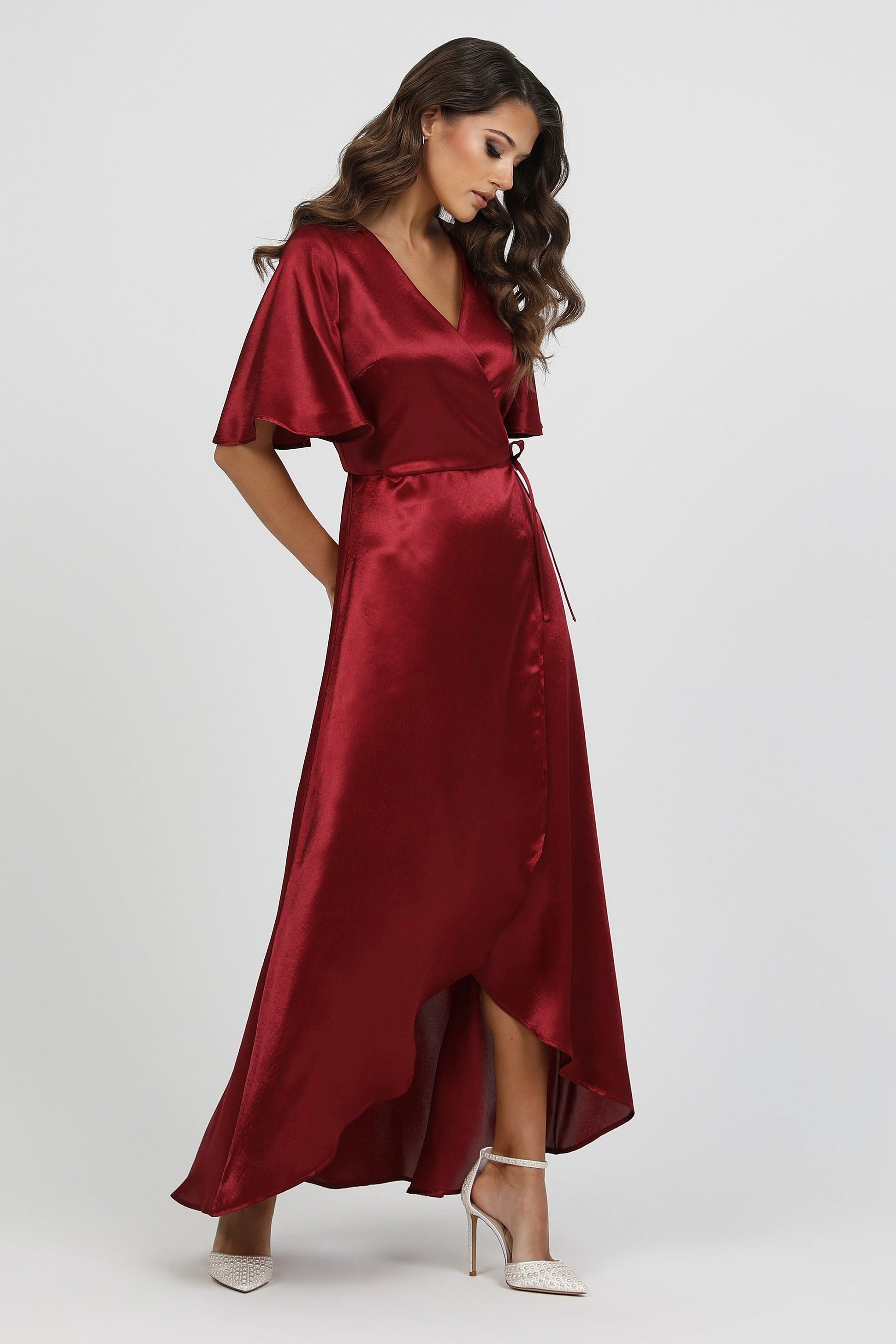 burgundy satin dress maxi Summer Wedding Guest Dress | Arabelle High Neck Satin Maxi Dress - Burgundy
