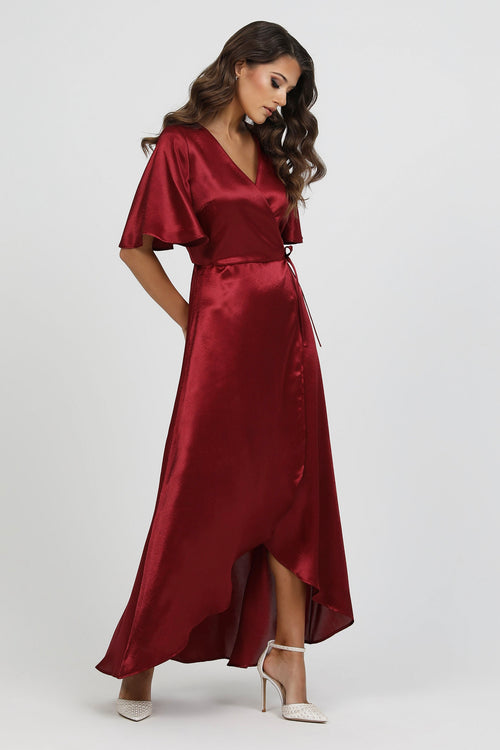 Burgundy Wrap Satin Dress With Flutter Sleeves Dsir Couture Burgundy Wrap Satin Dress With Flutter Sleeves Dsir Couture