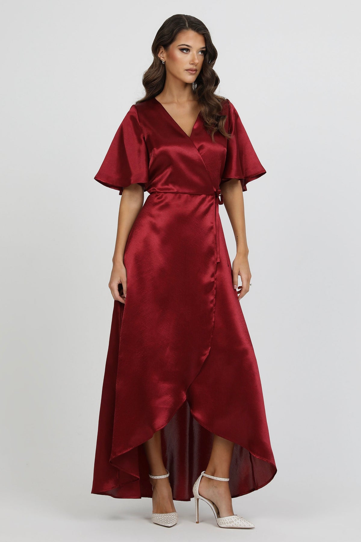 burgundy flutter sleeve dress Wrap Satin With Sleeves – Désir Couture Size:L 10-12 Bridesmaid Dress Evening Dresses and special occasions.Machine washable100% Artificial Fragrance Free