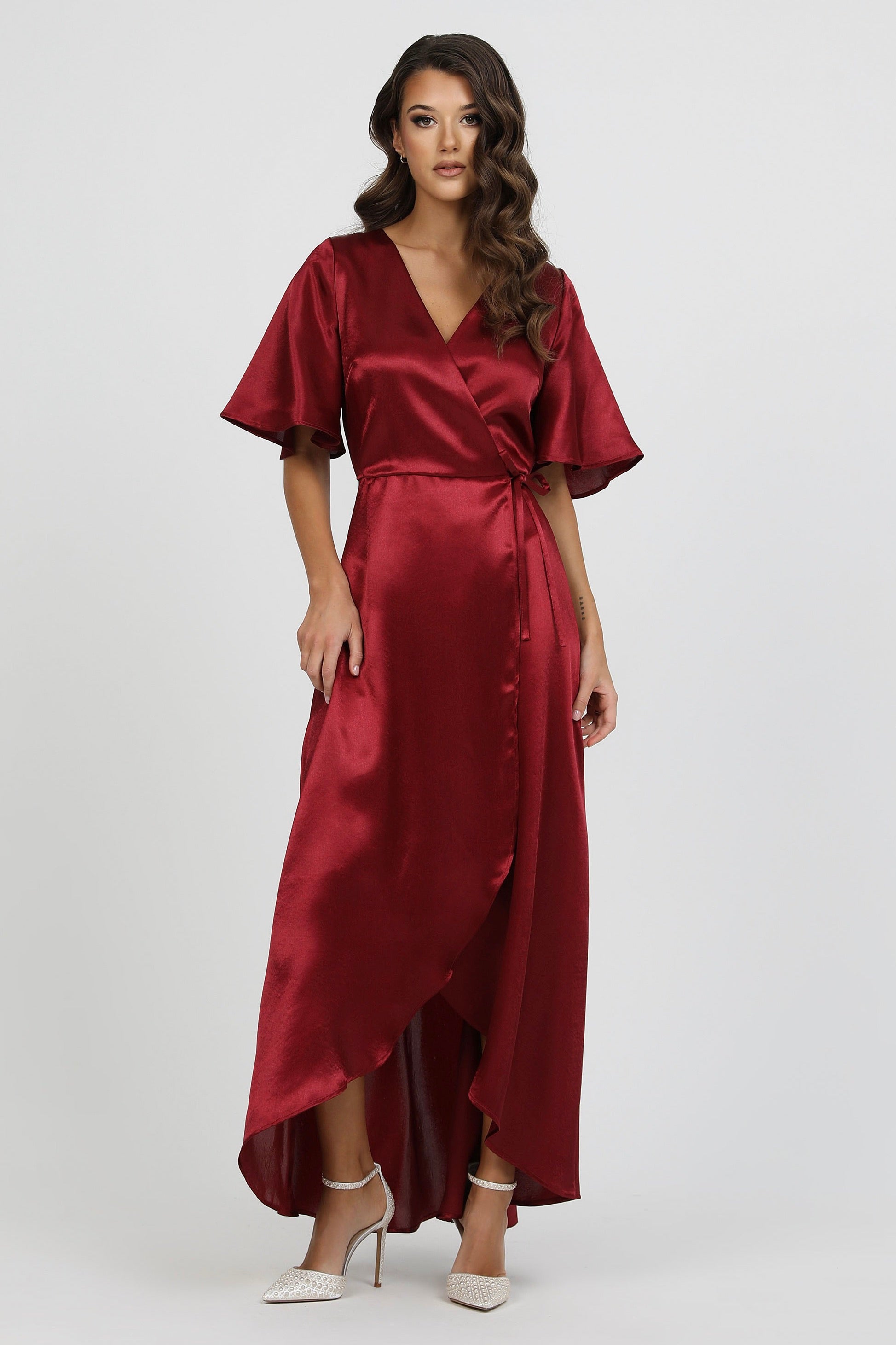 shape burgundy satin wrap dress Burgundy Maxi Dress - Satin Wrap Dress - Wrap Maxi Dress