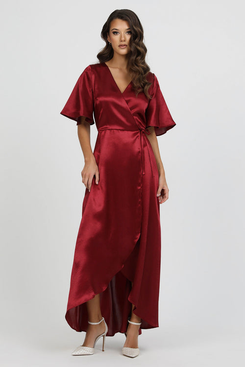 Burgundy Wrap Satin Dress With Flutter Sleeves Dsir Couture Burgundy Wrap Satin Dress With Flutter Sleeves Dsir Couture