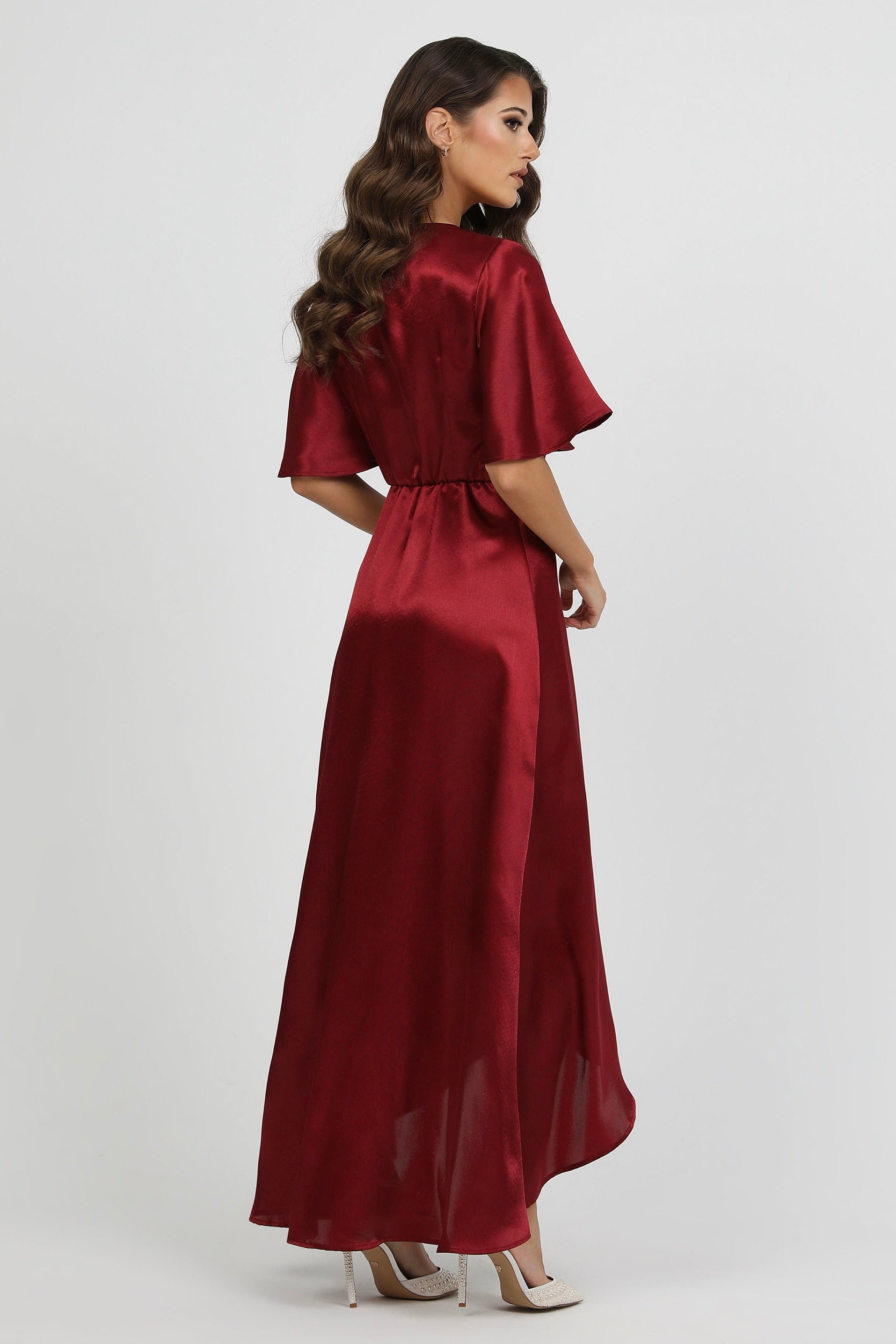 Burgundy Wrap Satin Dress With Flutter Sleeves – Désir Couture