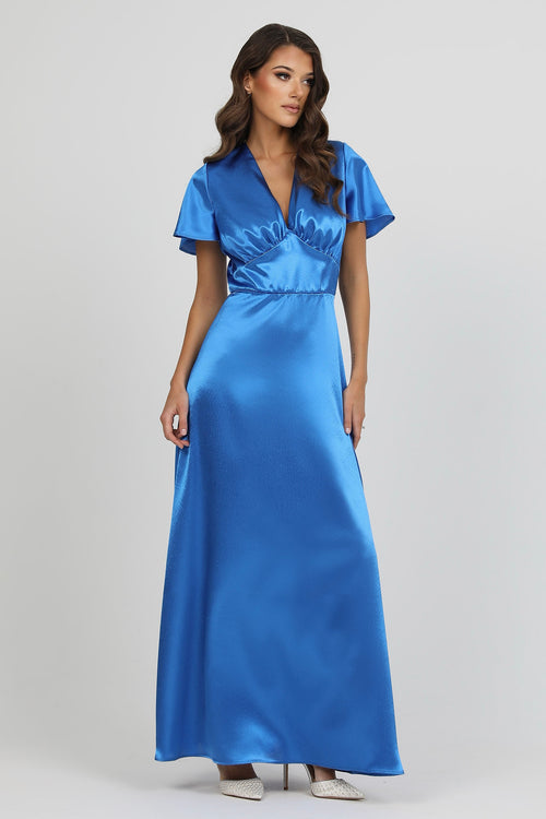 Blue Satin Dress With Flutter Sleeves Dsir Couture Blue Satin Dress With Flutter Sleeves Dsir Couture