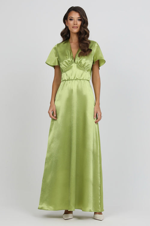 Lime Green Satin Dress With Flutter Sleeves Dsir Couture Lime Green Satin Dress With Flutter Sleeves Dsir Couture