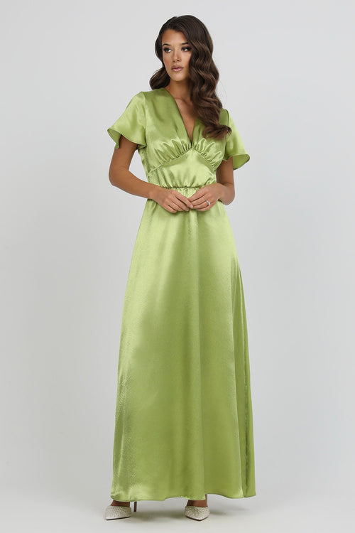 Lime Green Satin Dress With Flutter Sleeves Lime Green Satin Dress With Flutter Sleeves