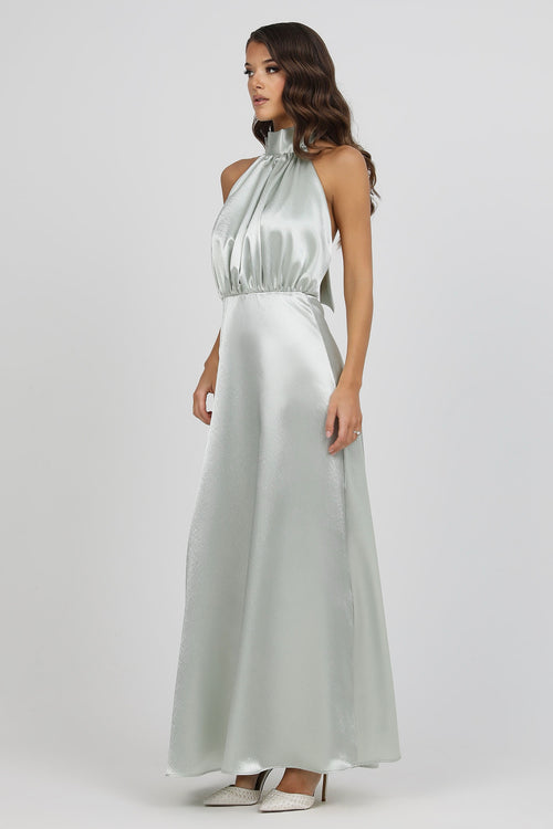 sage green formal dress for wedding Light Sage Green Satin Bow Back Halter Neck Dress – Désir Couture