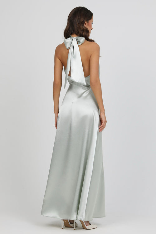 sage green halter dress Light Sage Green Satin Bow Back Halter Neck Dress – Désir Couture