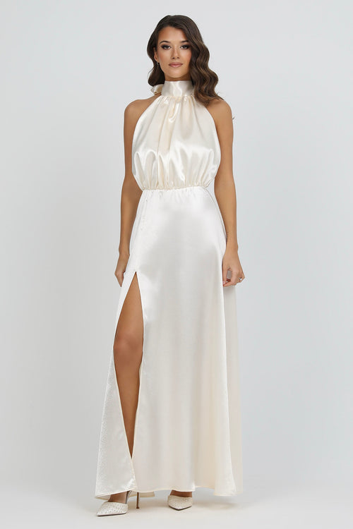 Ivory Bow Back Halter Neck Satin Dress Dsir Couture Ivory Bow Back Halter Neck Satin Dress Dsir Couture