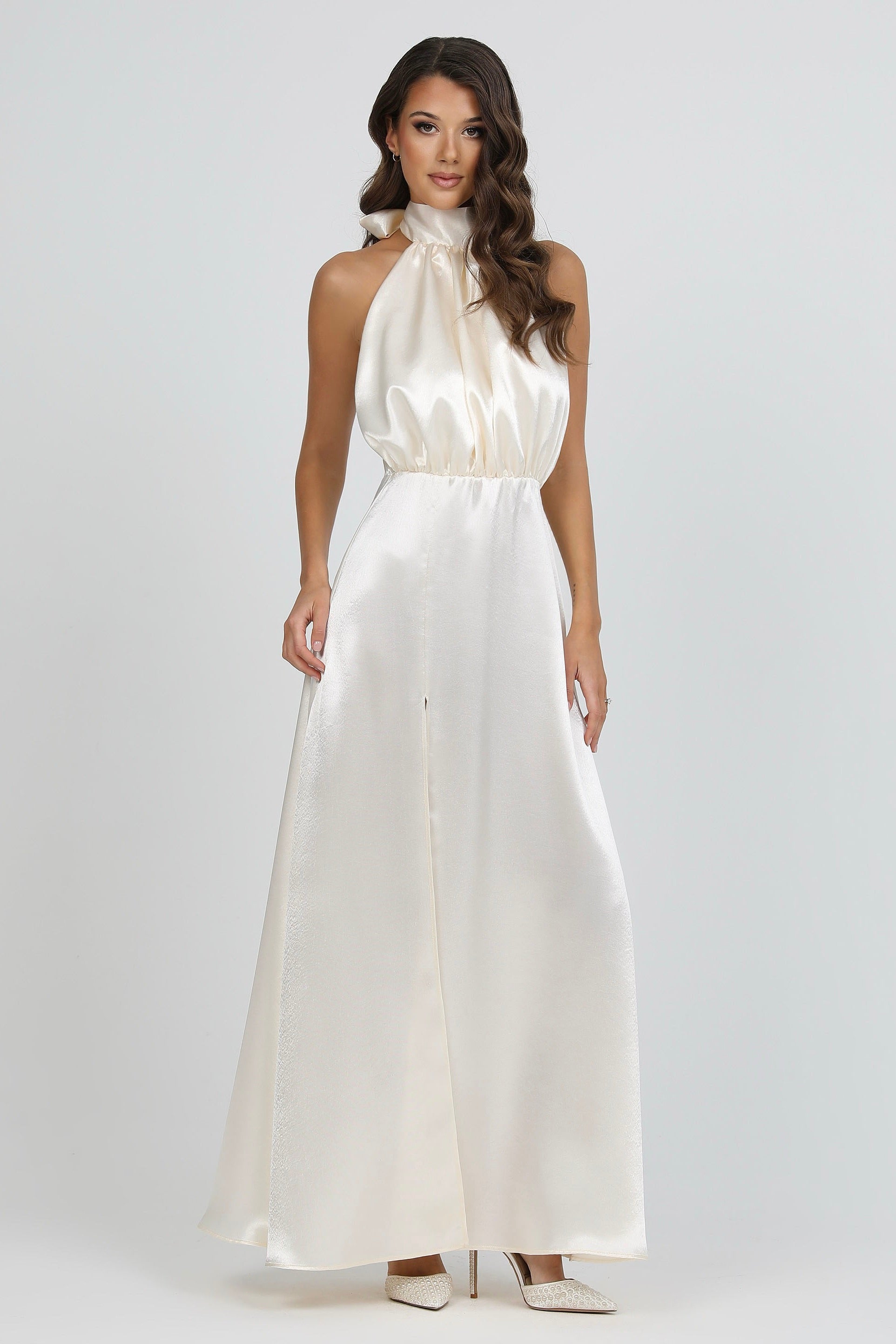 Ivory Bow Back Halter Neck Satin Dress – Désir Couture