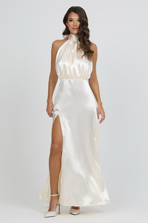 Ivory Bow Back Halter Neck Satin Dress Dsir Couture Ivory Bow Back Halter Neck Satin Dress Dsir Couture