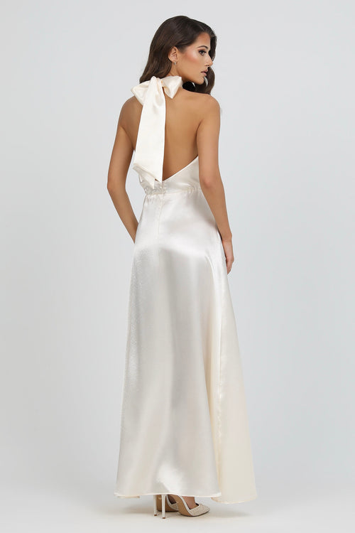 Ivory Bow Back Halter Neck Satin Dress Dsir Couture Ivory Bow Back Halter Neck Satin Dress Dsir Couture