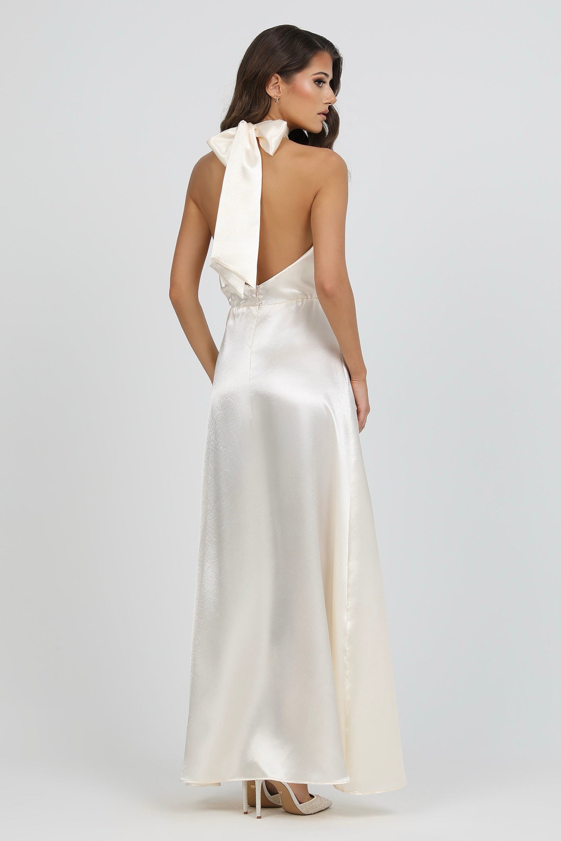 Ivory Bow Back Halter Neck Satin Dress – Désir Couture