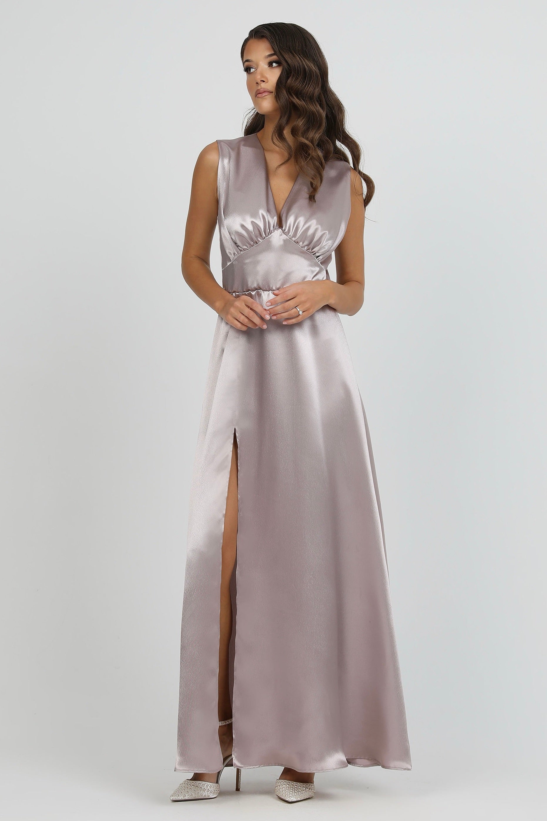 cassie sleeveless satin high slit formal dress Windsor Cassie Sleeveless Satin High Slit Formal Dress