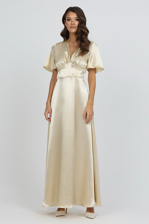 Light Champagne Satin Dress With Flutter Sleeves Dsir Couture Light Champagne Satin Dress With Flutter Sleeves Dsir Couture