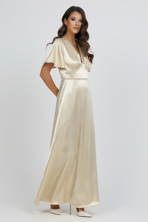 Light Champagne Satin Dress With Flutter Sleeves Dsir Couture Light Champagne Satin Dress With Flutter Sleeves Dsir Couture