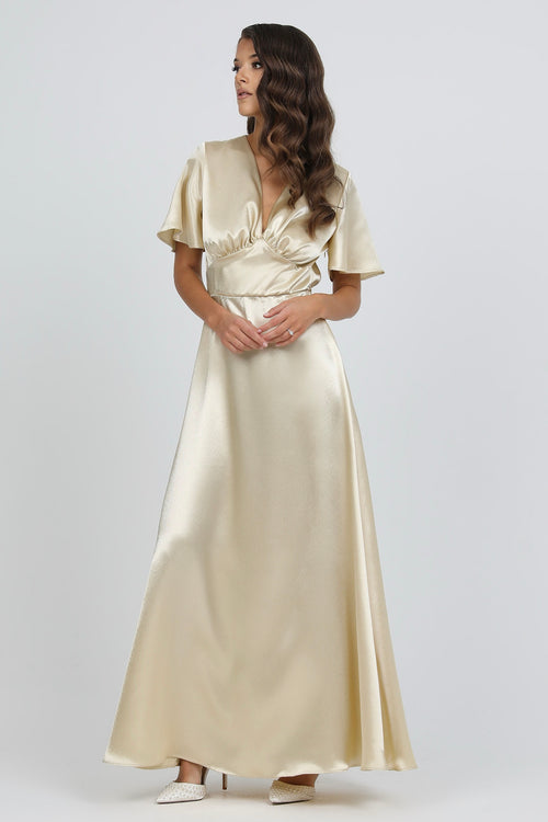 Light Champagne Satin Dress With Flutter Sleeves Dsir Couture Light Champagne Satin Dress With Flutter Sleeves Dsir Couture