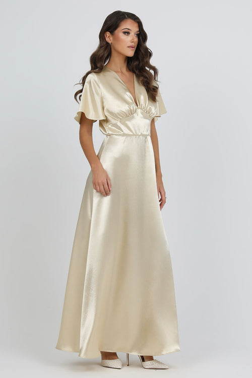 Light Champagne Satin Dress With Flutter Sleeves Dsir Couture Light Champagne Satin Dress With Flutter Sleeves Dsir Couture