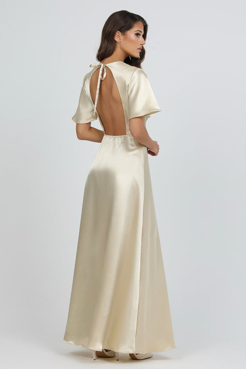 Light Champagne Satin Dress With Flutter Sleeves Dsir Couture Light Champagne Satin Dress With Flutter Sleeves Dsir Couture