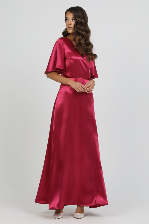 Burgundy Wrap Satin Dress With Flutter Sleeves – Désir Couture