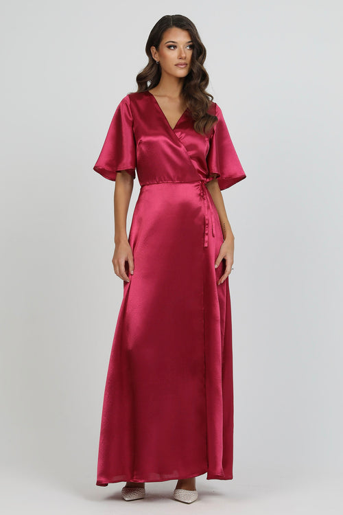 Burgundy Wrap Satin Dress With Flutter Sleeves Dsir Couture Burgundy Wrap Satin Dress With Flutter Sleeves Dsir Couture