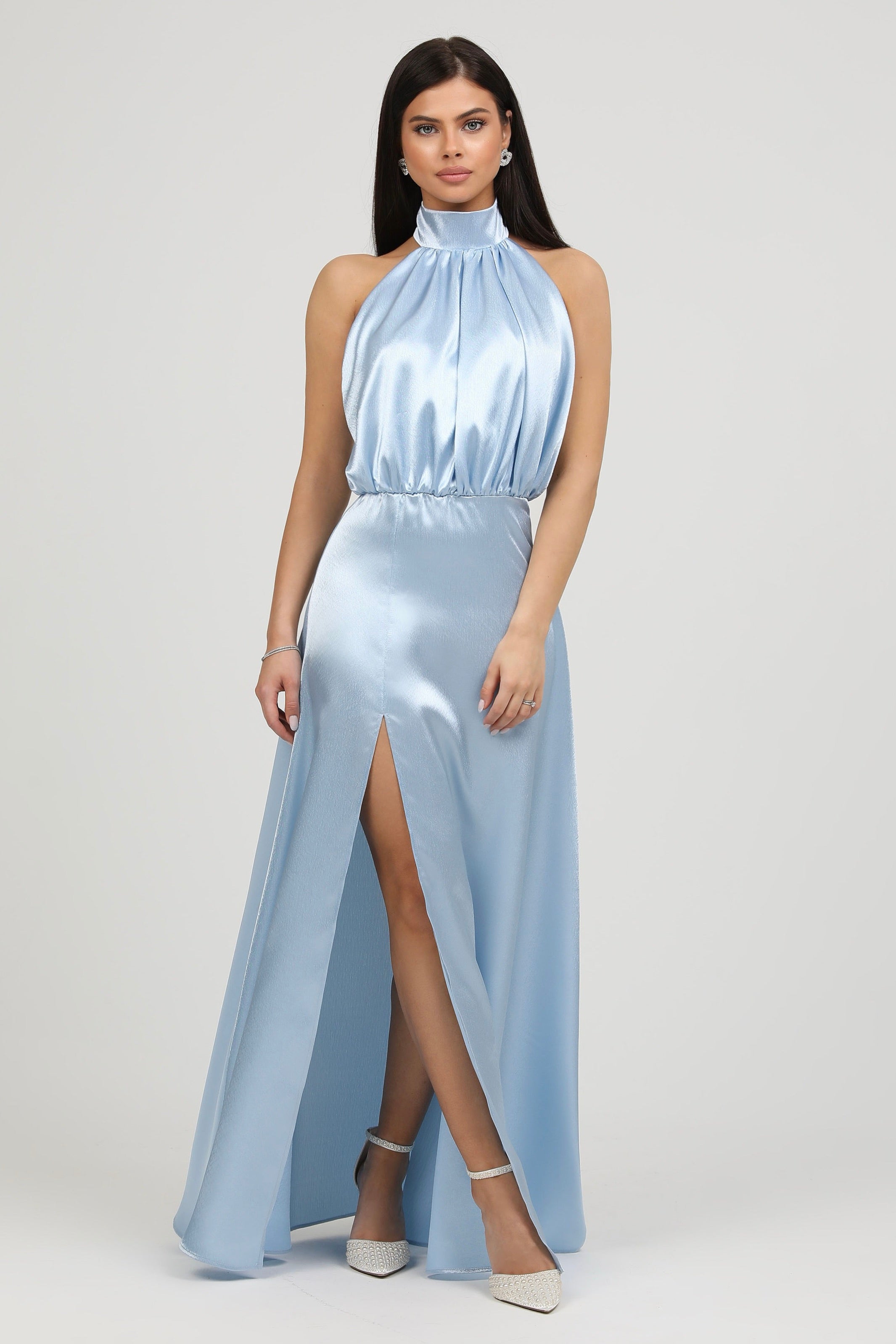 slim fit dress slacks Halter-neck satin long dress main image 1