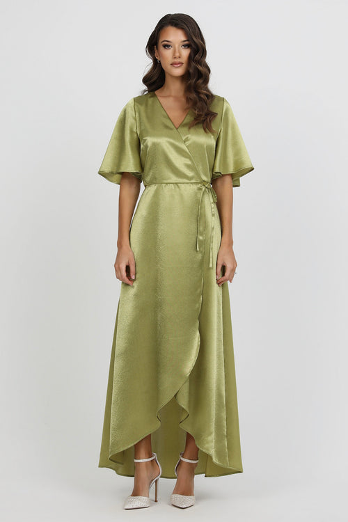 Olive Green Wrap Satin Dress With Flutter Sleeves Dsir Couture Olive Green Wrap Satin Dress With Flutter Sleeves Dsir Couture
