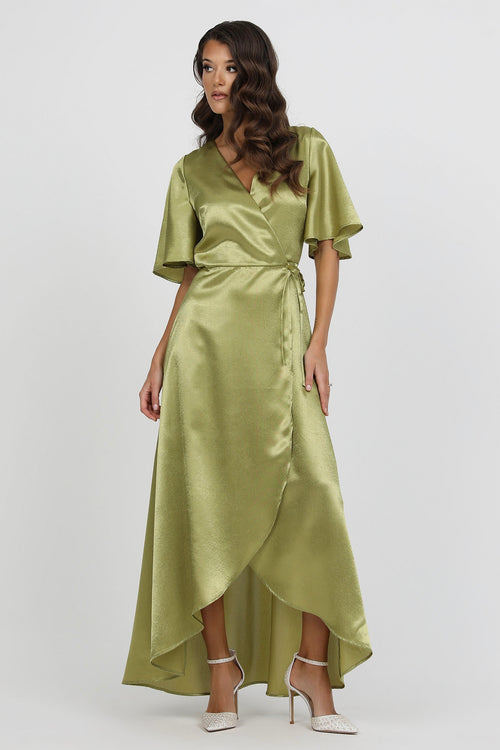 Olive Green Wrap Satin Dress With Flutter Sleeves Dsir Couture Olive Green Wrap Satin Dress With Flutter Sleeves Dsir Couture