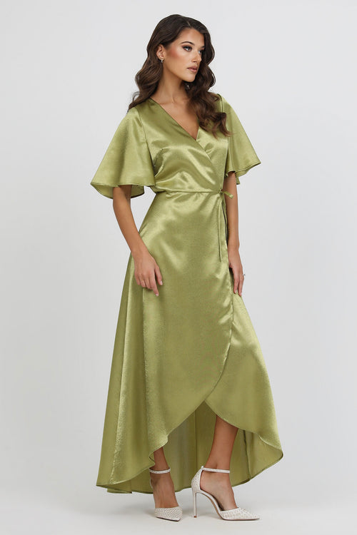 Olive Green Wrap Satin Dress With Flutter Sleeves Dsir Couture Olive Green Wrap Satin Dress With Flutter Sleeves Dsir Couture