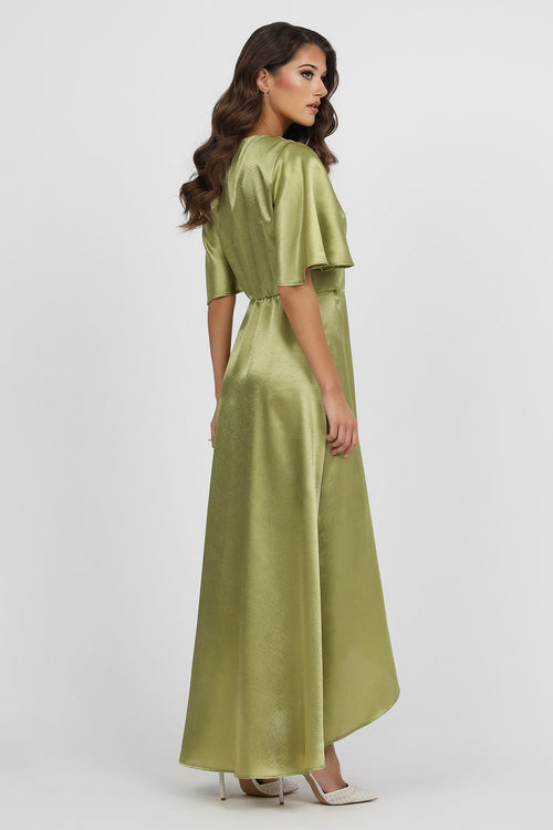 Olive Green Wrap Satin Dress With Flutter Sleeves Dsir Couture Olive Green Wrap Satin Dress With Flutter Sleeves Dsir Couture