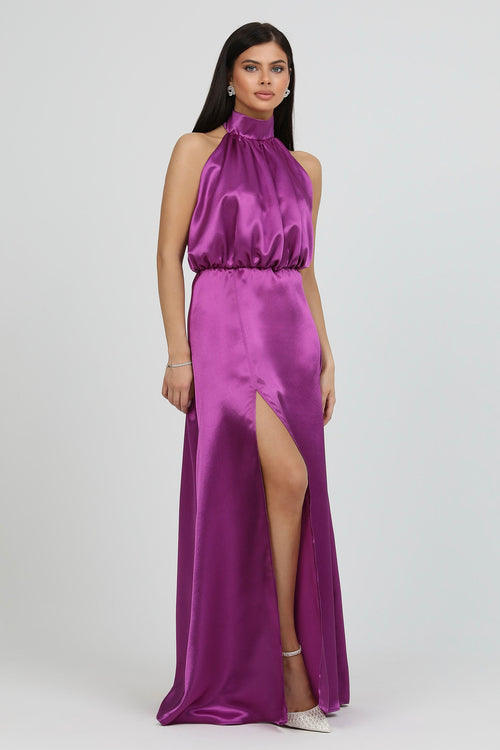 Cyclamen Purple Satin Halter Neck Dress Dsir Couture Cyclamen Purple Satin Halter Neck Dress Dsir Couture