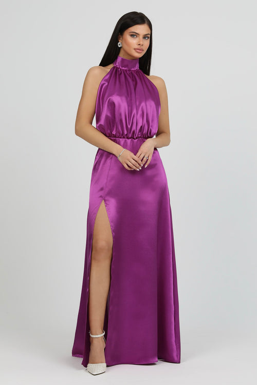 Cyclamen Purple Satin Halter Neck Dress Cyclamen Purple Satin Halter Neck Dress