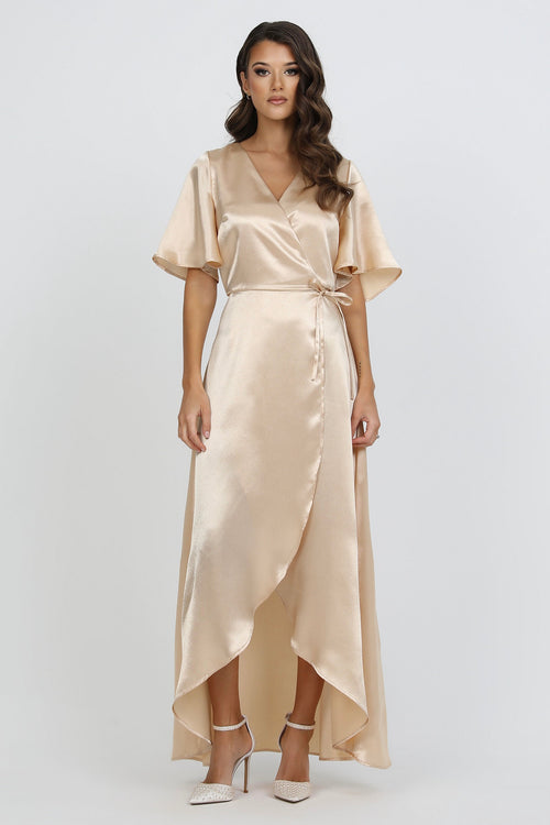 Beige Wrap Satin Dress With Flutter Sleeves Dsir Couture Beige Wrap Satin Dress With Flutter Sleeves Dsir Couture