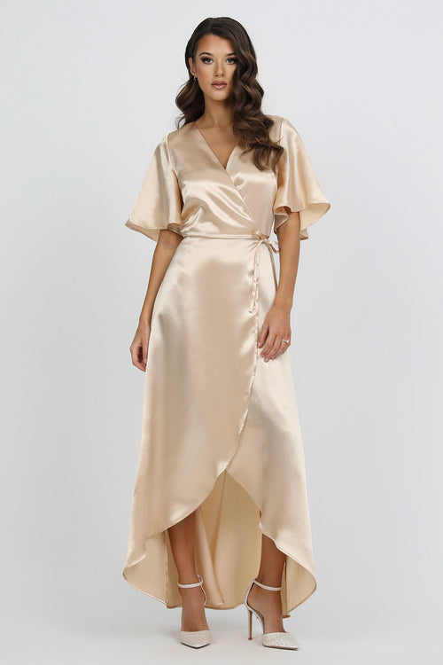Beige Wrap Satin Dress With Flutter Sleeves Dsir Couture Beige Wrap Satin Dress With Flutter Sleeves Dsir Couture