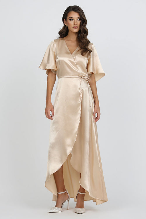 Beige Wrap Satin Dress With Flutter Sleeves Beige Wrap Satin Dress With Flutter Sleeves