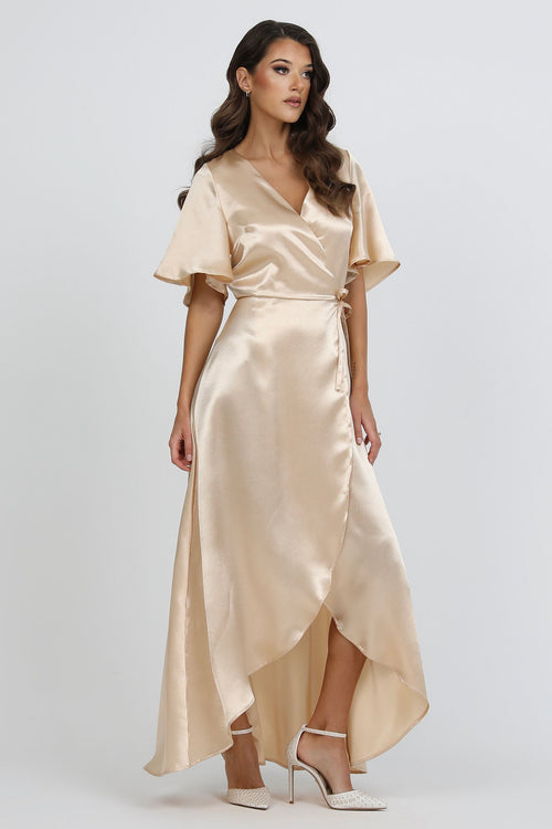 Beige Wrap Satin Dress With Flutter Sleeves Dsir Couture Beige Wrap Satin Dress With Flutter Sleeves Dsir Couture