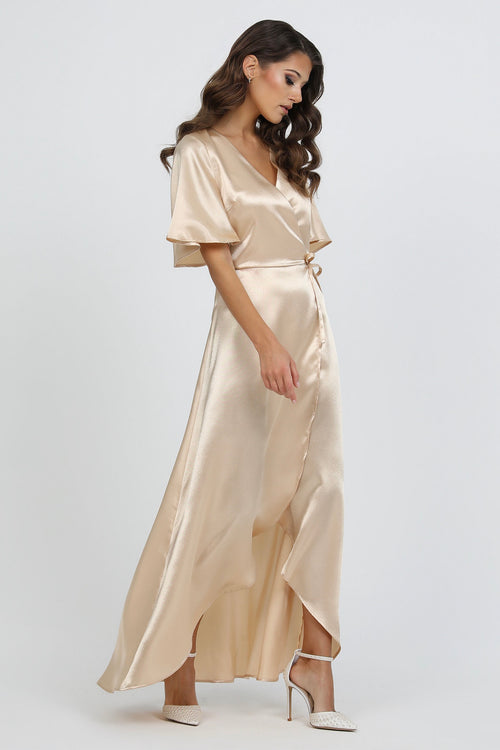 Beige Wrap Satin Dress With Flutter Sleeves Dsir Couture Beige Wrap Satin Dress With Flutter Sleeves Dsir Couture