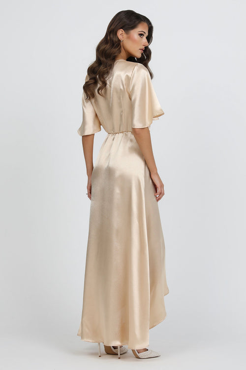 Beige Wrap Satin Dress With Flutter Sleeves Beige Wrap Satin Dress With Flutter Sleeves