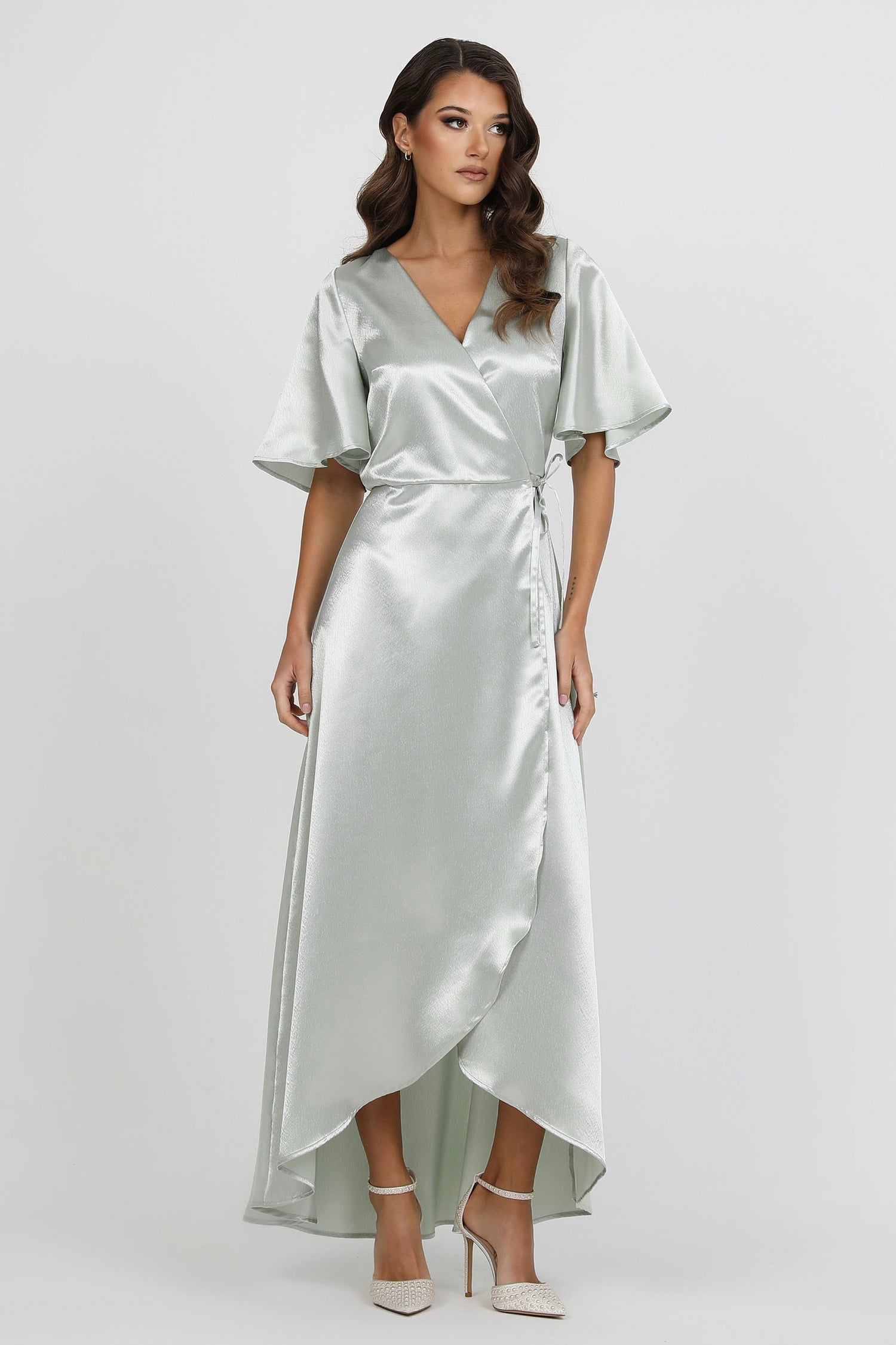 Light Sage Green Wrap Satin Dress With Flutter Sleeves – Désir Couture
