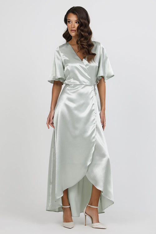 Light Sage Green Wrap Satin Dress With Flutter Sleeves Dsir Couture Light Sage Green Wrap Satin Dress With Flutter Sleeves Dsir Couture