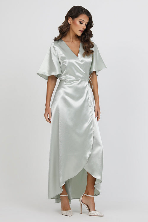 Light Sage Green Wrap Satin Dress With Flutter Sleeves Dsir Couture Light Sage Green Wrap Satin Dress With Flutter Sleeves Dsir Couture