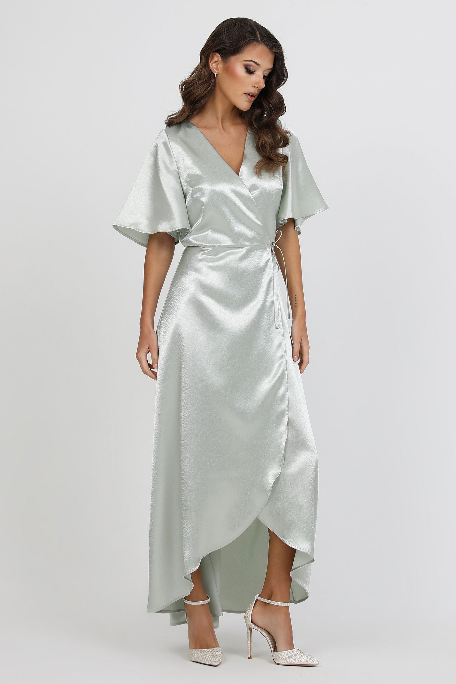 Light Sage Green Wrap Satin Dress With Flutter Sleeves – Désir Couture
