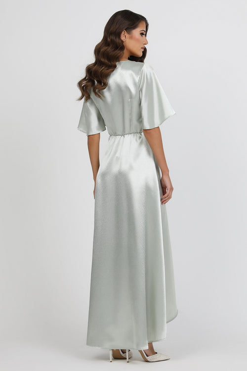 Light Sage Green Wrap Satin Dress With Flutter Sleeves Dsir Couture Light Sage Green Wrap Satin Dress With Flutter Sleeves Dsir Couture
