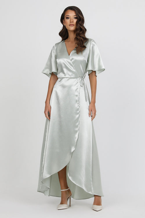 Light Sage Green Wrap Satin Dress With Flutter Sleeves Dsir Couture Light Sage Green Wrap Satin Dress With Flutter Sleeves Dsir Couture